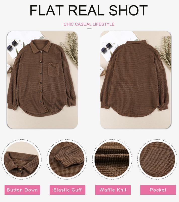 Dokotoo Womens Waffle Knit Shacket Jacket Casual Long Sleeve Button Down Shirts Dressy Blouses Tops