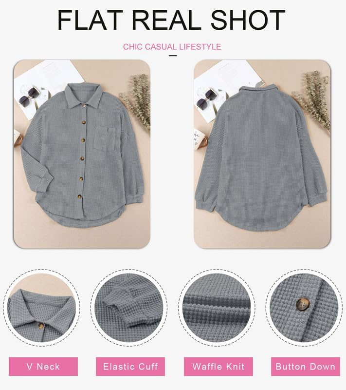 Dokotoo Womens Waffle Knit Shacket Jacket Casual Long Sleeve Button Down Shirts Dressy Blouses Tops