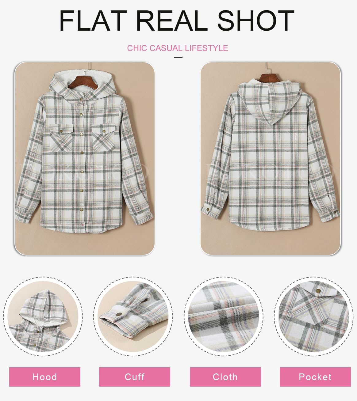 Dokotoo Womens Plaid Shacket Jacket Long Sleeve Button Down Fleece Hooded Jackets Warm Coat