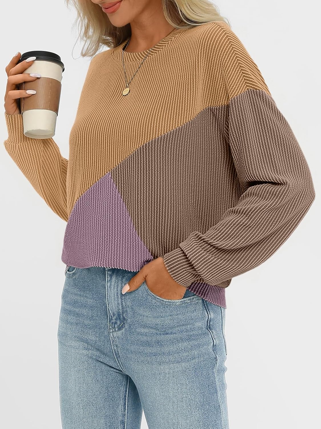 AUTOMET Womens Color Block Long Sleeve Top Crewneck Shirt 2025