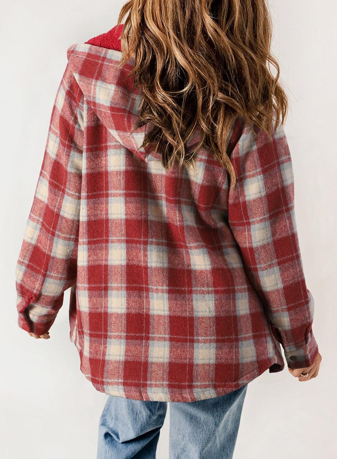 Dokotoo Womens Plaid Shacket Jacket Long Sleeve Button Down Fleece Hooded Jackets Warm Coat